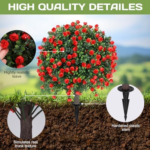 Artificial Red Rose Ball Tree 25 Inches Set of 2 UV Resistant