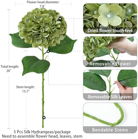 5 Pcs 20 Inch Artificial Hydrangeas with Dried Touch