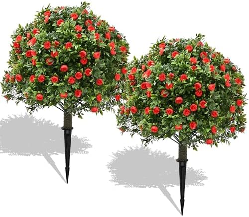 28 Artificial Boxwood Topiary Tree with Rose Set of 2
