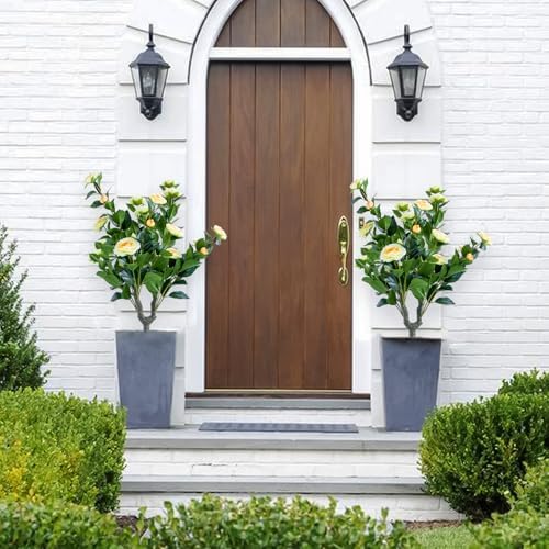 Gaderth 354 Inch Artificial Topiary Tree Set Yellow Camellia