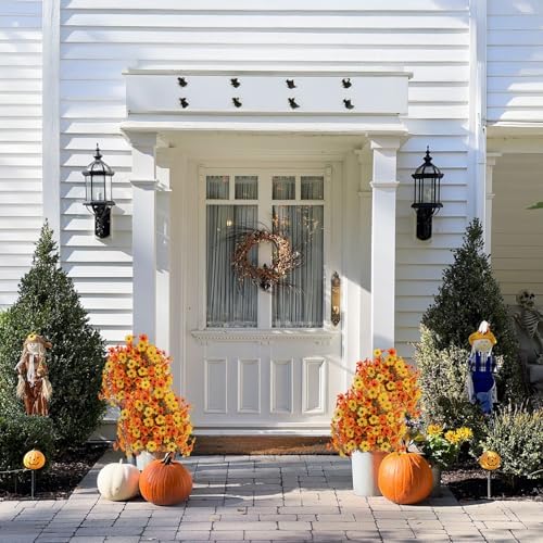 Outdoor Fall Artificial Flowers 2 Pack Topiary Bushes with Ground Stakes
