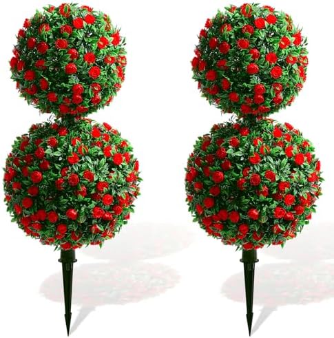 Yunlly 2 Pack 28 Inch Outdoor Artificial Rose Topiary Trees
