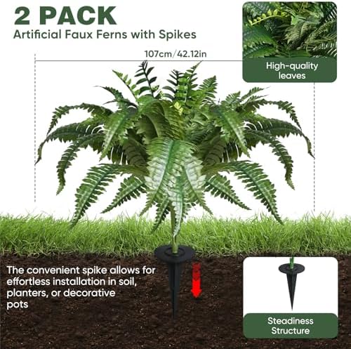 2 Pack Artificial Ferns with Spike for Outdoor Use
