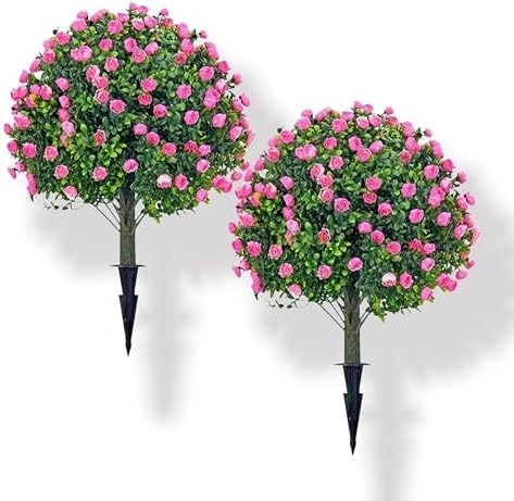 MRTAILOR Artificial Topiary Ball Pink Rose Trees 2 Set
