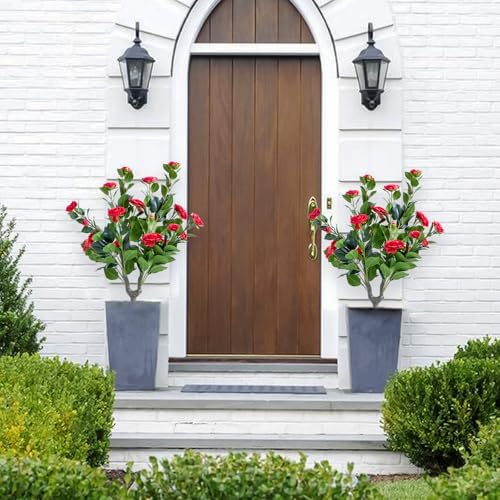 Set of 4 Artificial Red Topiary Ball Trees with Metal Stakes