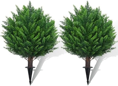 21 Inch Artificial Cedar Topiary Ball Trees Set of 2 with Ground Spike