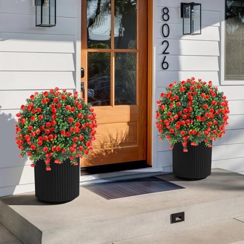 Artificial Red Rose Ball Tree 25 Inches Set of 2 UV Resistant