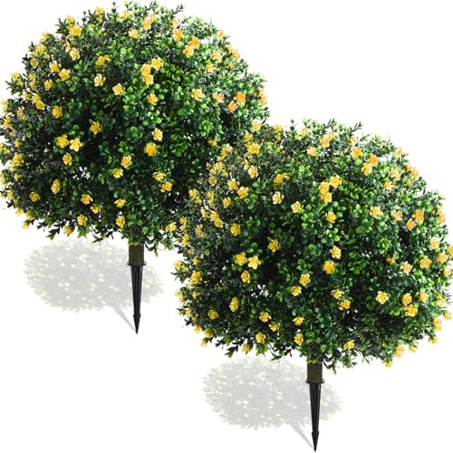 Yunlly Set of 2 Artificial Boxwood Topiary Balls with Flowers