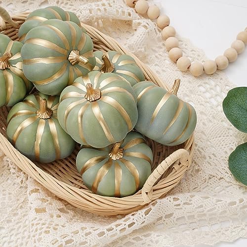 Whaline Green Artificial Pumpkins with Gold Edges 12Pcs