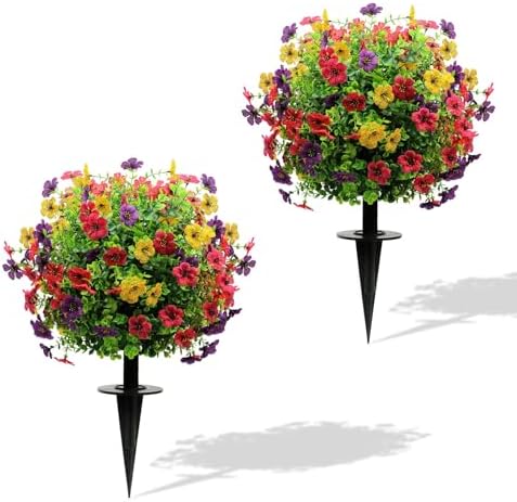 AXHJ 23 Inch Set of 2 Artificial Boxwood Topiary with Violet Flowers