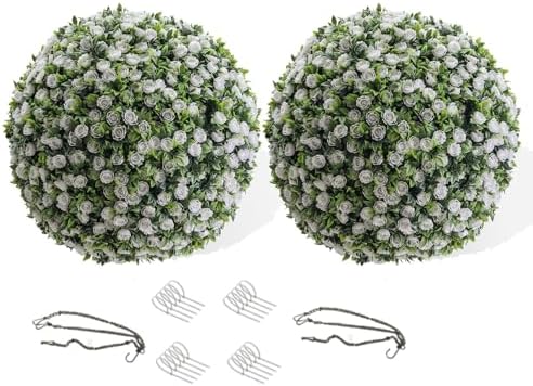 15 Inch White Rose Topiary Balls Set of 2