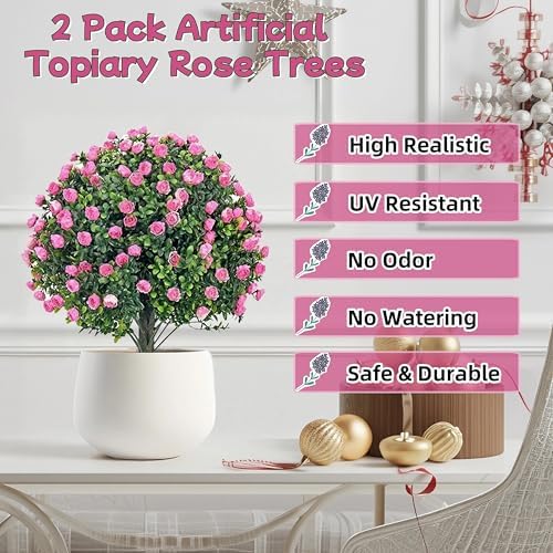 MRTAILOR Artificial Topiary Ball Pink Rose Trees 2 Set