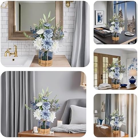 LADADA Floral Arrangement with White and Blue Flowers in Glass Vase