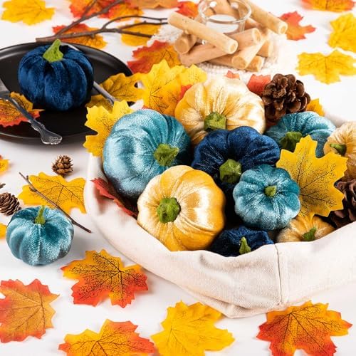 Ywlake 12 Pcs Artificial Blue Velvet Pumpkins Fall Decor