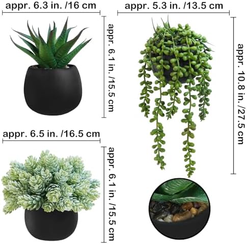 Winlyn Set of 3 Artificial Succulent Plants in Black Concrete Pots
