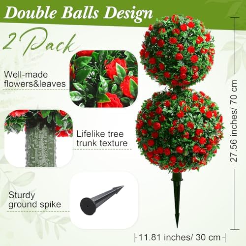 Yunlly 2 Pack 28 Inch Outdoor Artificial Rose Topiary Trees