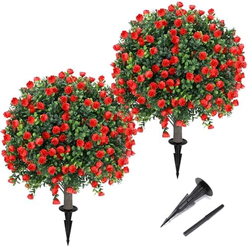 Artificial Red Rose Ball Tree 25 Inches Set of 2 UV Resistant