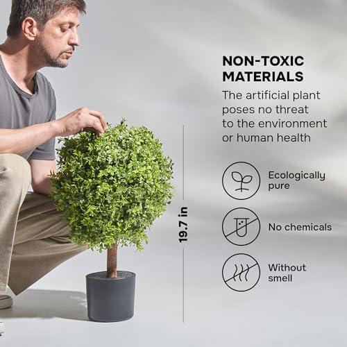 Artificial Topiary Boxwood Trees Set of 2 24 Inch Pre Potted Faux Plants