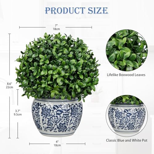 DILATATA Artificial Topiary Boxwood Ball 9 Inch Blue White Pot