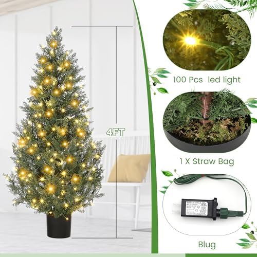 4FT Artificial Cedar Tree with 100 LED Lights and 8 Modes Remote Control