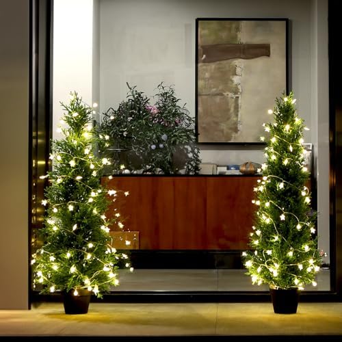 Artificial Cedar Topiary Trees Set of 2 4FT Indoor Outdoor