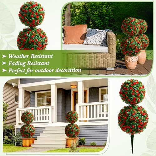 Yunlly 2 Pack 28 Inch Outdoor Artificial Rose Topiary Trees