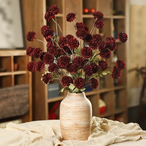 DuHouse 6pcs Artificial Flowers Faux Silk Pompon Mum with Stems