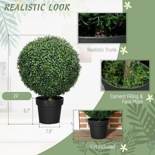 HOMCOM Artificial Trees Set of 2 24 Inch Green Boxwood Topiary