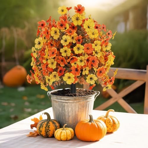 Outdoor Fall Artificial Flowers 2 Pack Topiary Bushes with Ground Stakes