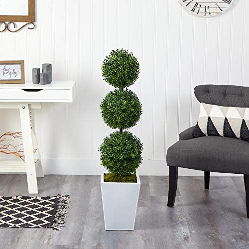 Nearly Natural 46in Boxwood Triple Ball Topiary Artificial Tree in White Metal Planter