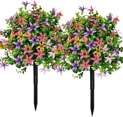Set of 2 Artificial Boxwood Topiary Trees with Flowers