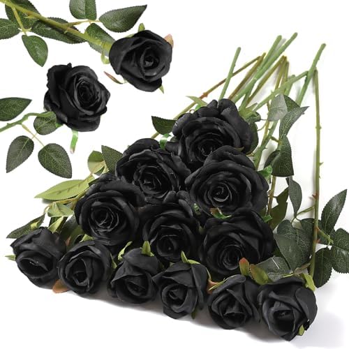 Hawesome 12PCS Artificial Silk Roses Bouquet with Realistic Black Stems