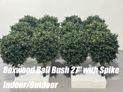 Artificial Boxwood Ball Bush 27 Inch UV Resistant with Spike 2 Pack
