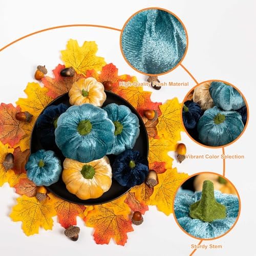 Ywlake 12 Pcs Artificial Blue Velvet Pumpkins Fall Decor