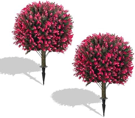 23 Inch Artificial Rose Boxwood Tree Set of 2 with Ground Spikes