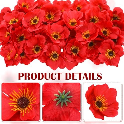 Zeyune 60 Pcs Artificial Red Poppy Flowers 315 Inch