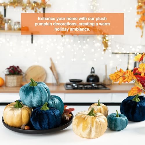 Ywlake 12 Pcs Artificial Blue Velvet Pumpkins Fall Decor
