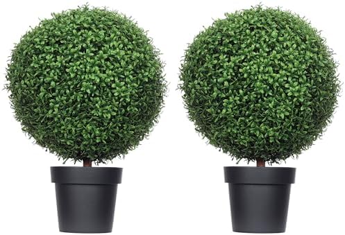 HOMCOM Artificial Trees Set of 2 24 Inch Green Boxwood Topiary