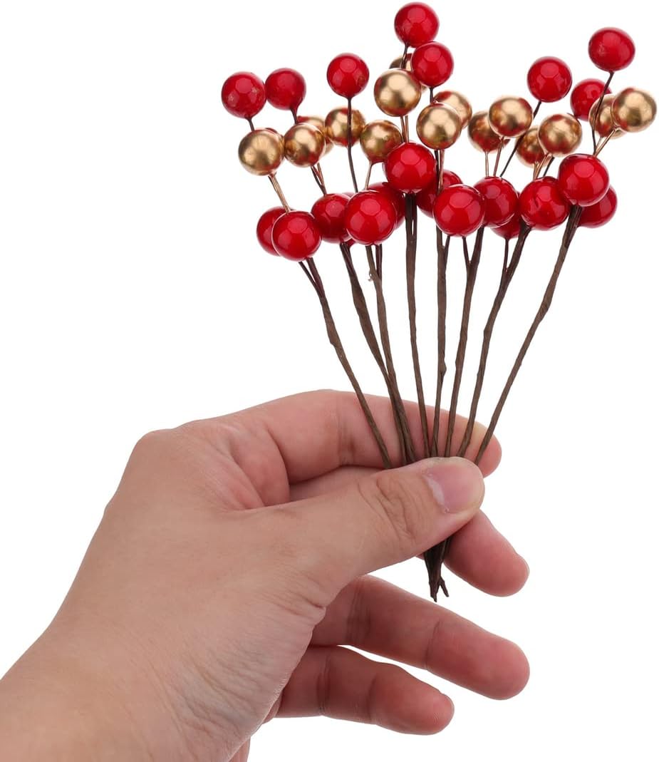 10pcs Red Gold Mixed Glitter Artificial Berries for Halloween Wedding Centerpieces