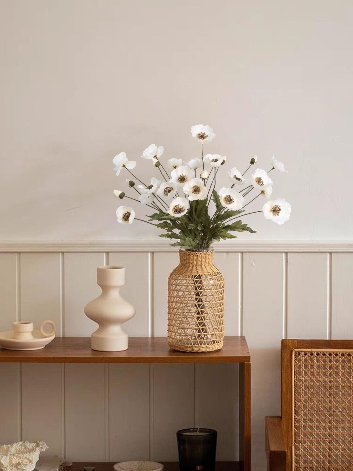 IPOPU White Artificial Poppy Flowers 6pcs with Stems