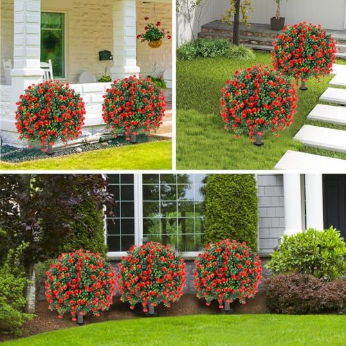 Artificial Red Rose Ball Tree 25 Inches Set of 2 UV Resistant