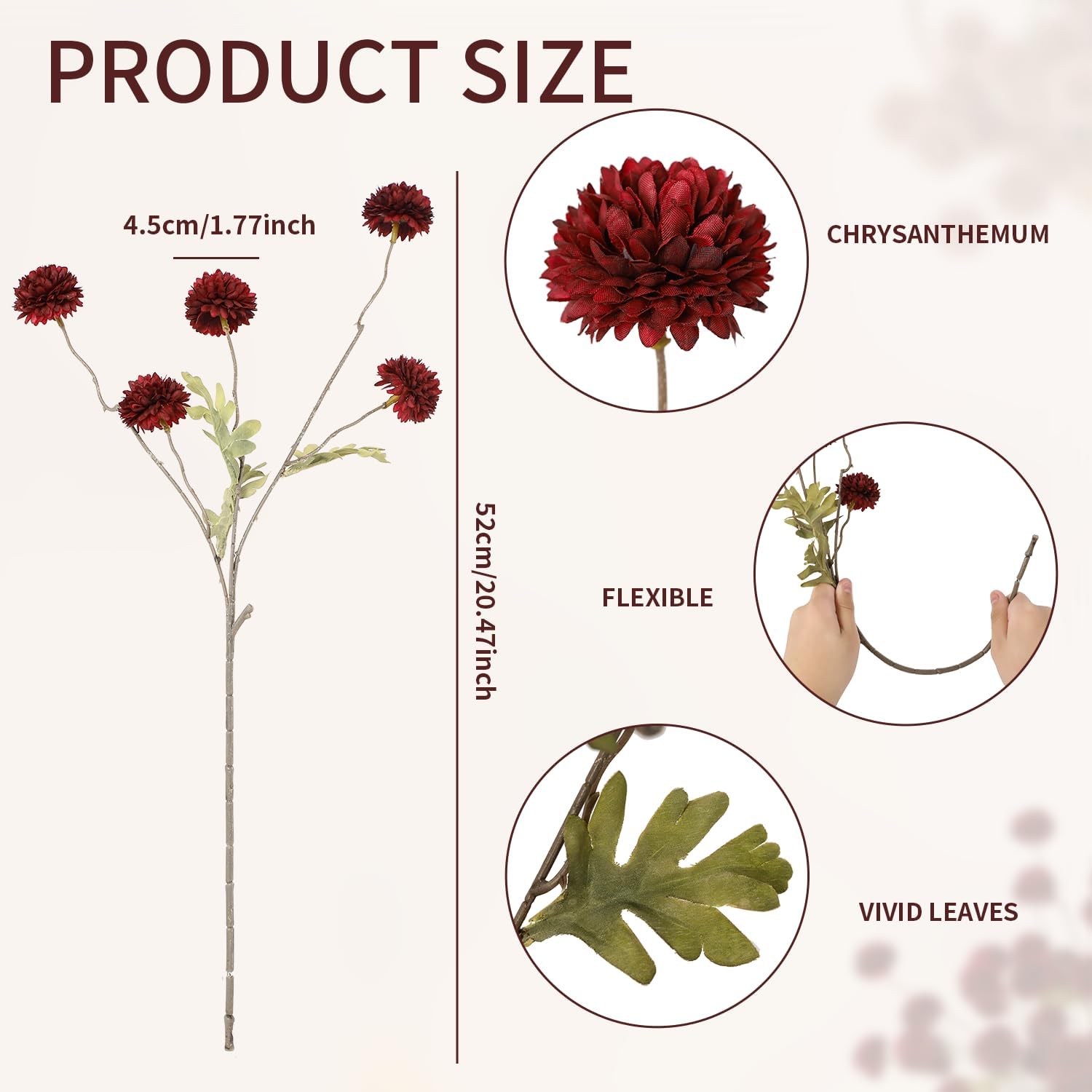 DuHouse 6pcs Artificial Flowers Faux Silk Pompon Mum with Stems
