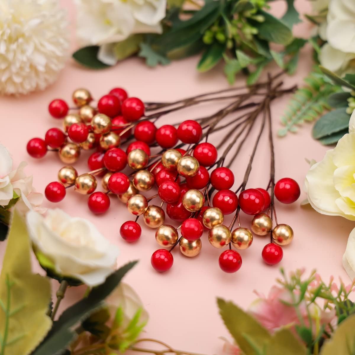 10pcs Red Gold Mixed Glitter Artificial Berries for Halloween Wedding Centerpieces