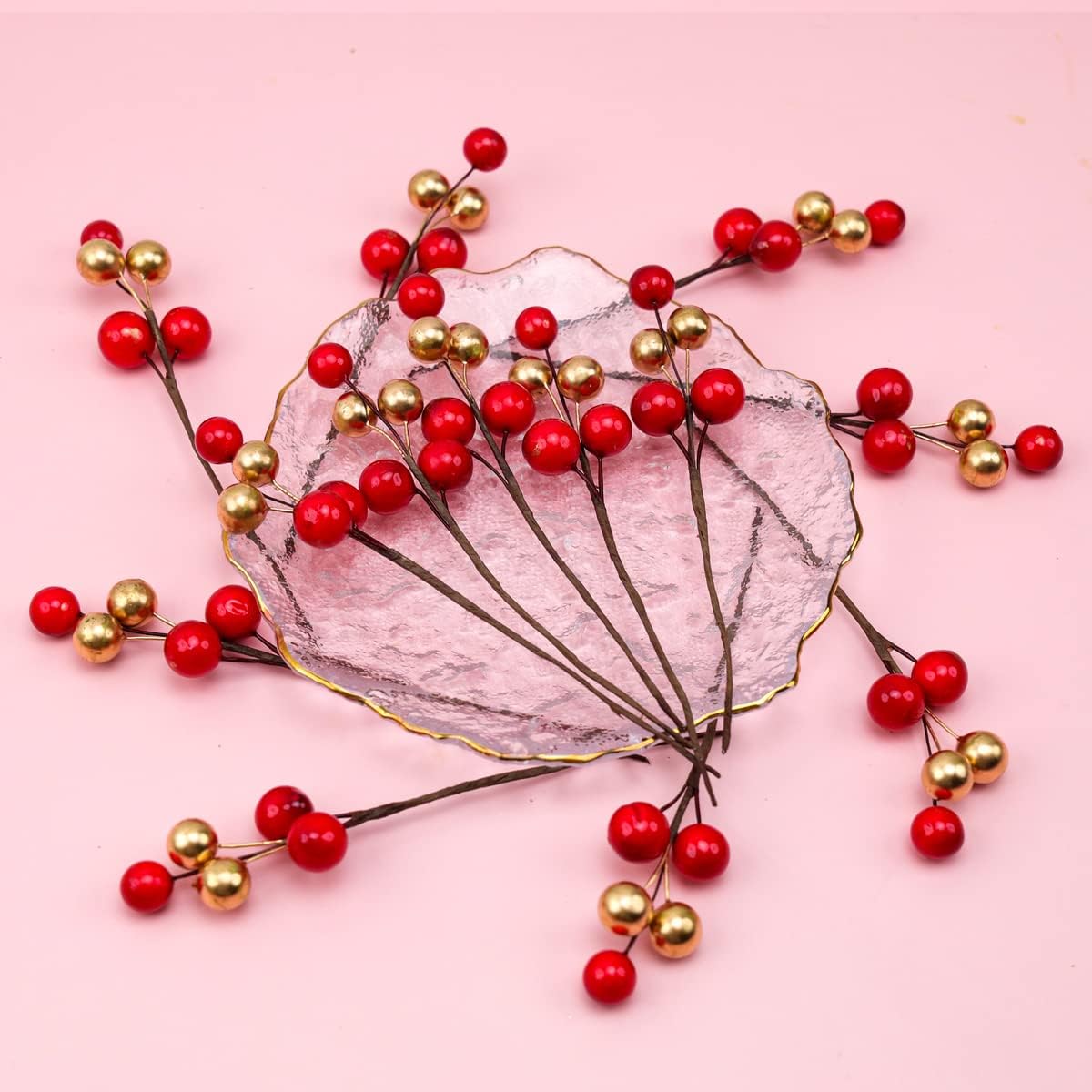 10pcs Red Gold Mixed Glitter Artificial Berries for Halloween Wedding Centerpieces
