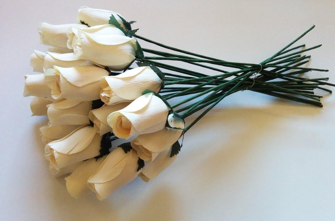 Seddex 24 Realistic Ivory White Wooden Roses Standard