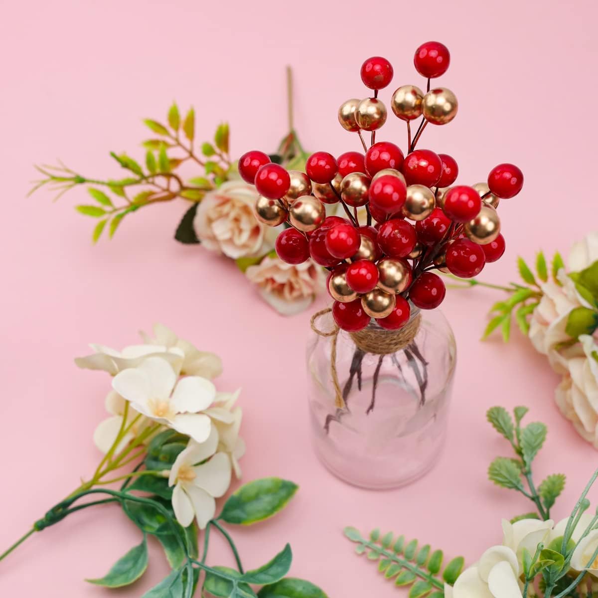 10pcs Red Gold Mixed Glitter Artificial Berries for Halloween Wedding Centerpieces