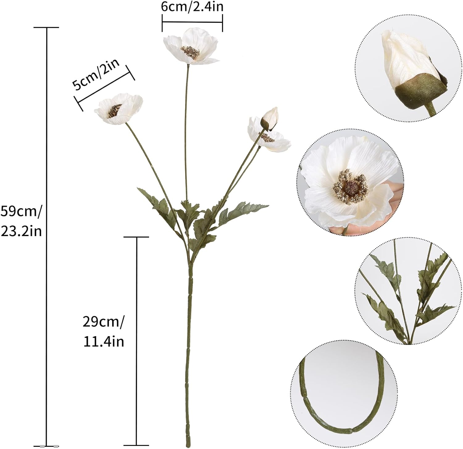 IPOPU White Artificial Poppy Flowers 6pcs with Stems