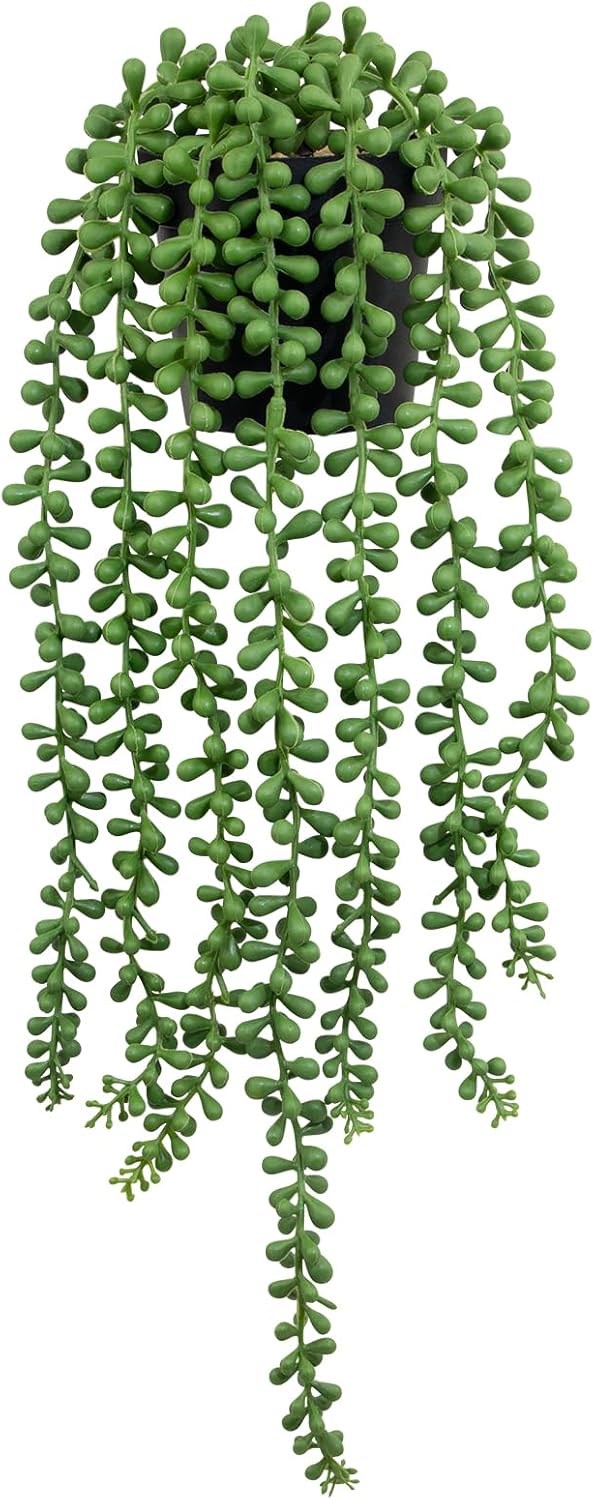LOYWREE Artificial String of Pearls Hanging Plant in Black Pot