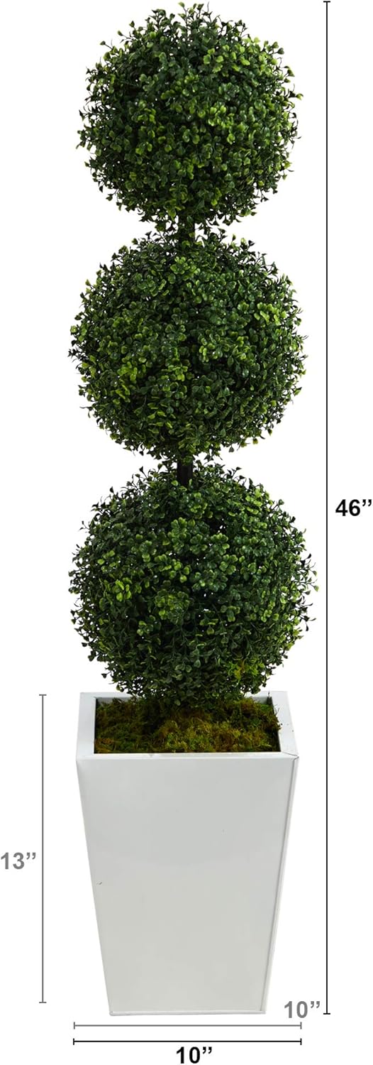 Nearly Natural 46in Boxwood Triple Ball Topiary Artificial Tree in White Metal Planter
