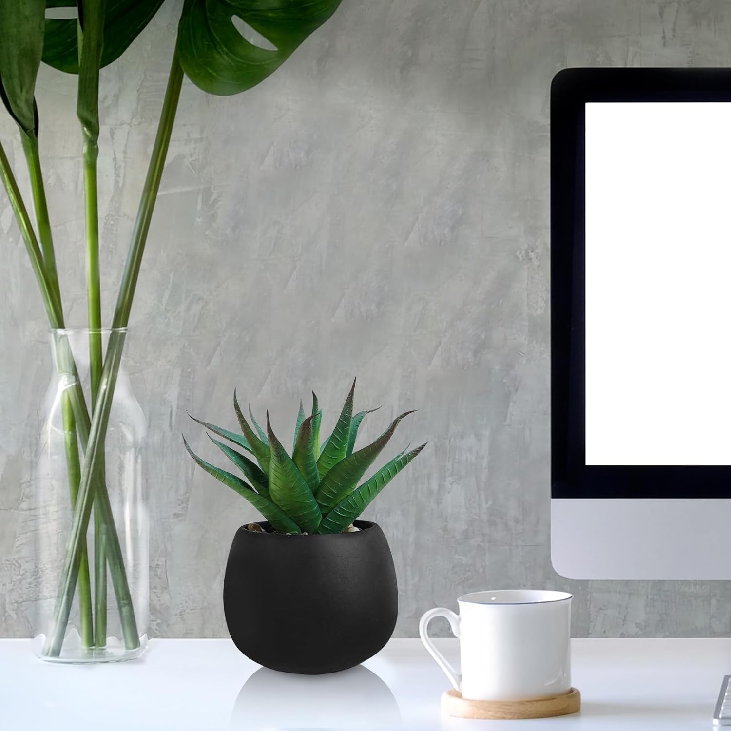 Winlyn Set of 3 Artificial Succulent Plants in Black Concrete Pots